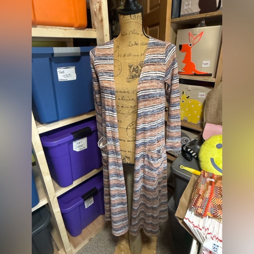 LuLaRoe Sarah Long Striped Cardigan in Cream and Tan